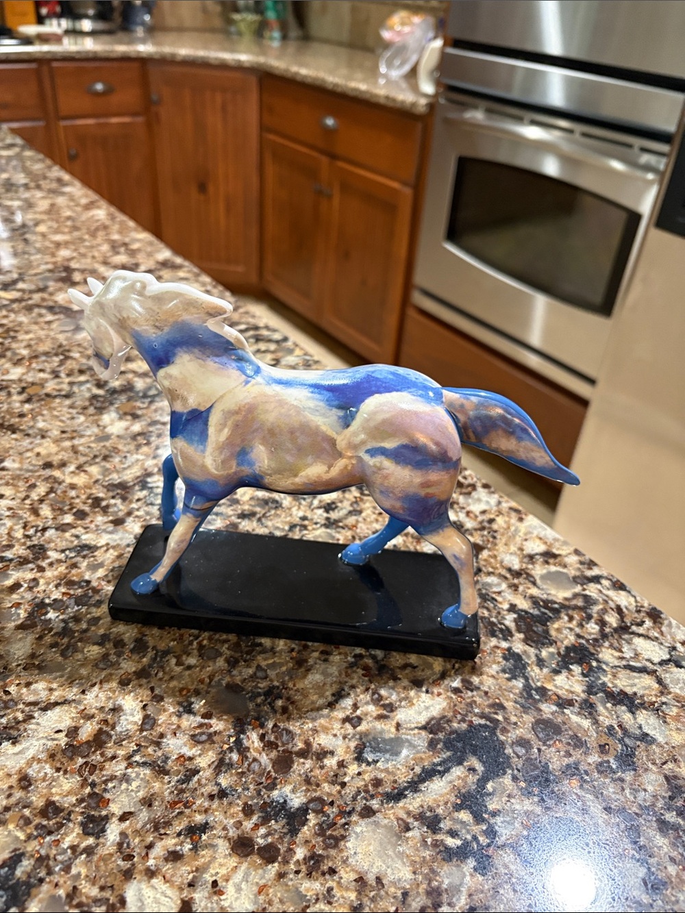 Blue and Cream Ceramic Horse Figurine on Black Base - Picture 4 of 5